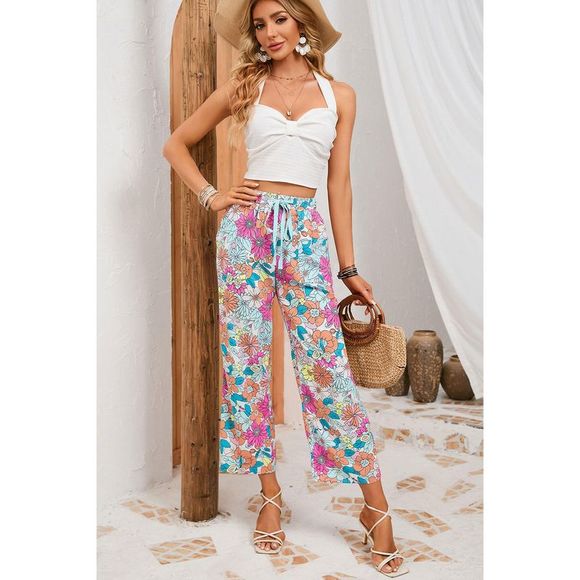 Azura Exchange  Multicolor Flower Print Pocketed Drawstring Waist Wide Leg Pants - Picture 7 of 7
